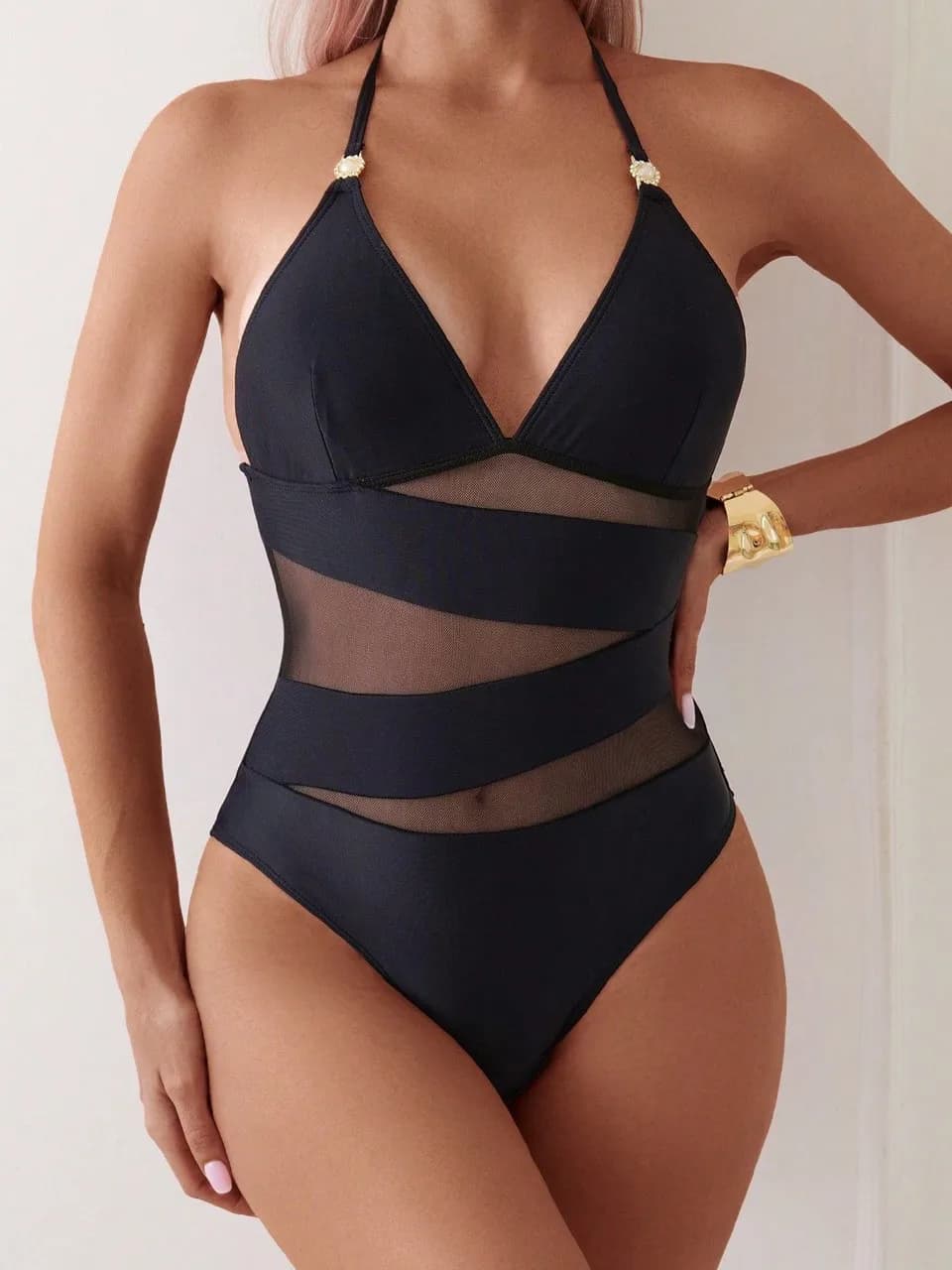 Costume da Bagno Intero da Donna 2026 con Lacci, Modello Halter, in Rete Traforata, Senza Schienale, Imbottito, per Spiaggia