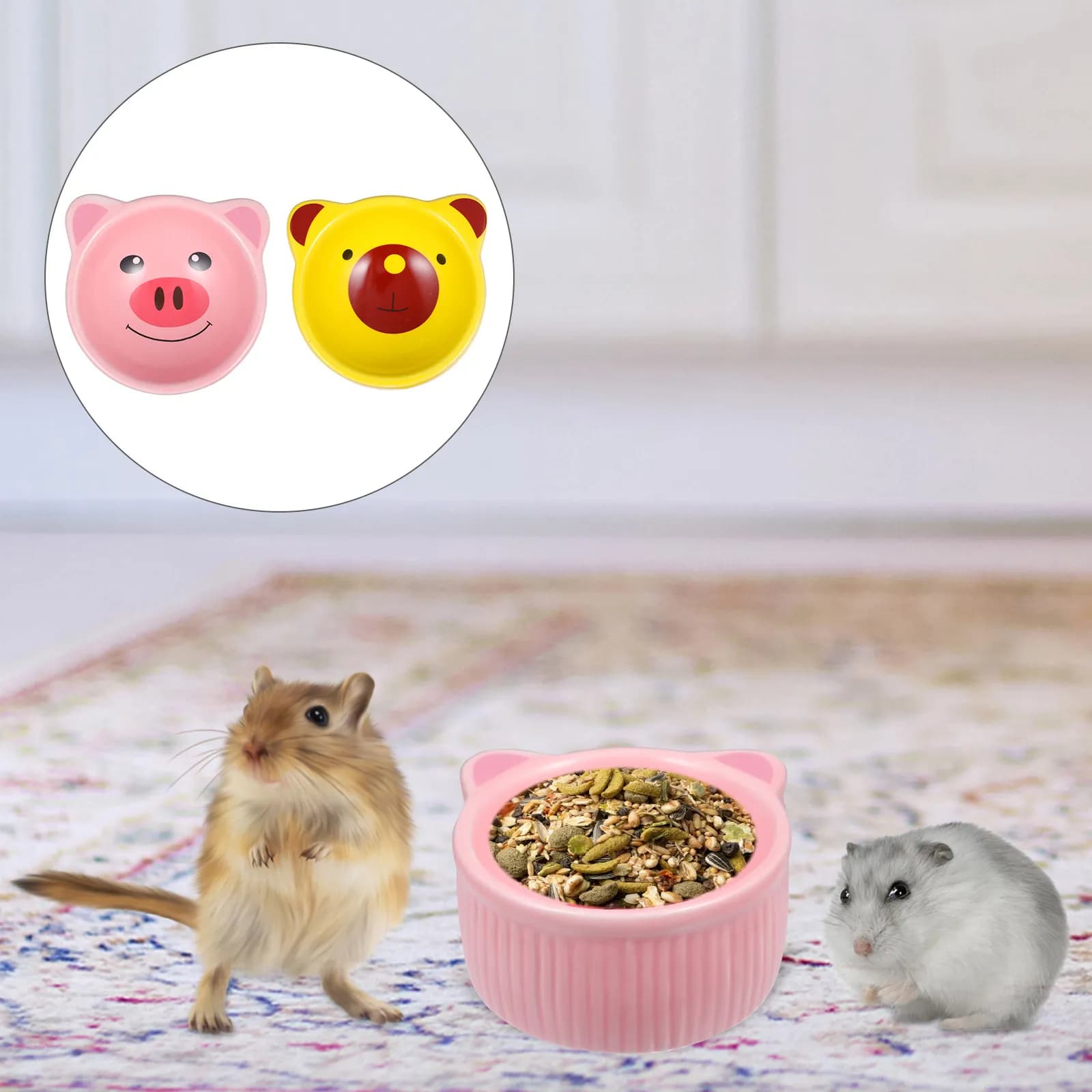 2Pcs Ceramic Pet Bowl for Hamster Hedgehog Chinchilla Adorable Cartoon Food Water Feeder Anti-Bite Non-Slip Healthy Easy Clean
