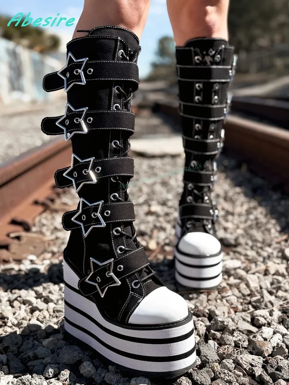 Round Toe Platform White and Black Stripe Women's Boots Star-Shaped Belt Buckle Knee High Boots Wedges Punk Fashion Shoes 2026