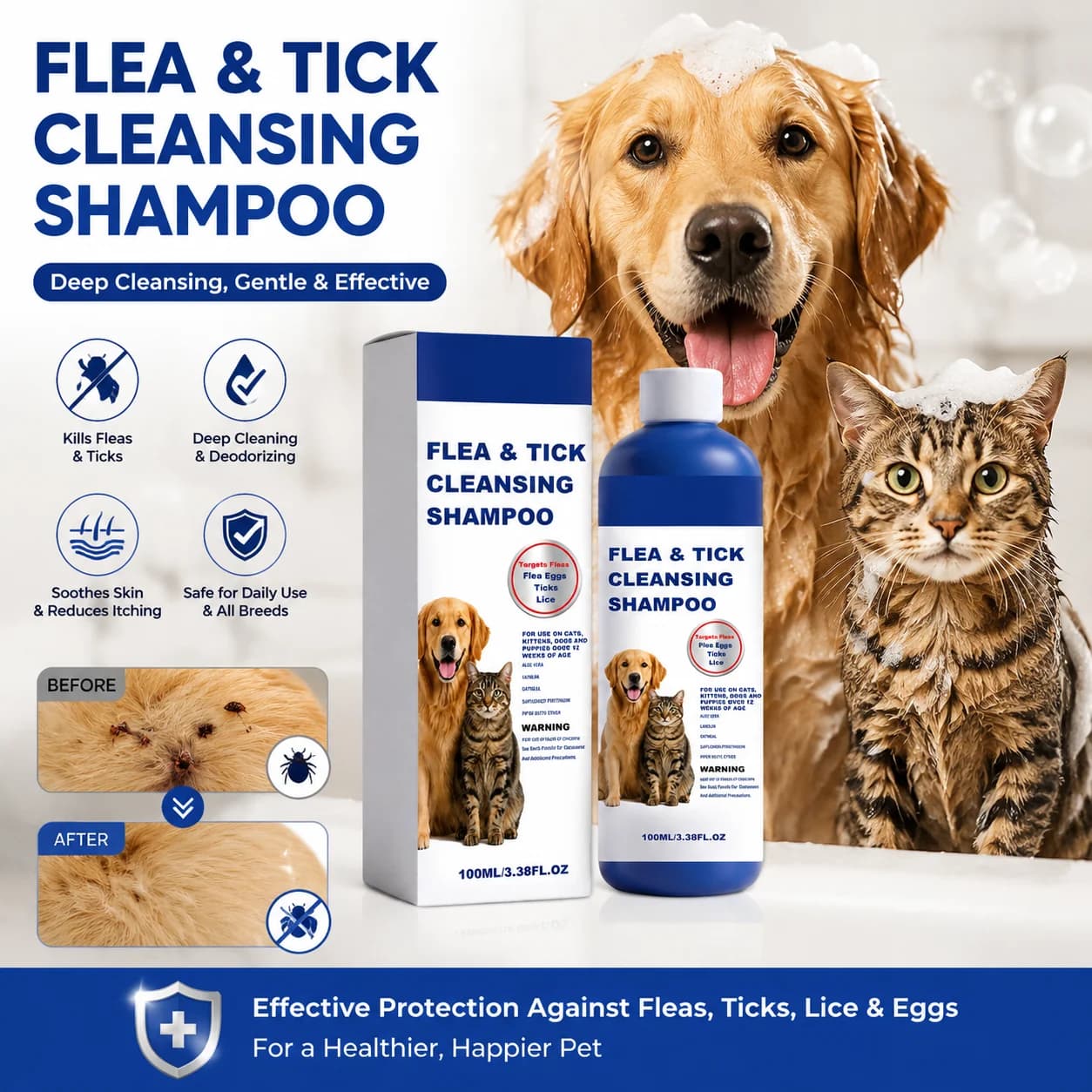 Pet Flea Tick Lice Removal Shampoo Cats Dogs Flea Killer Deep Cleansing Removing Deodorizing Anti Lice Insect Grooming Shampoo