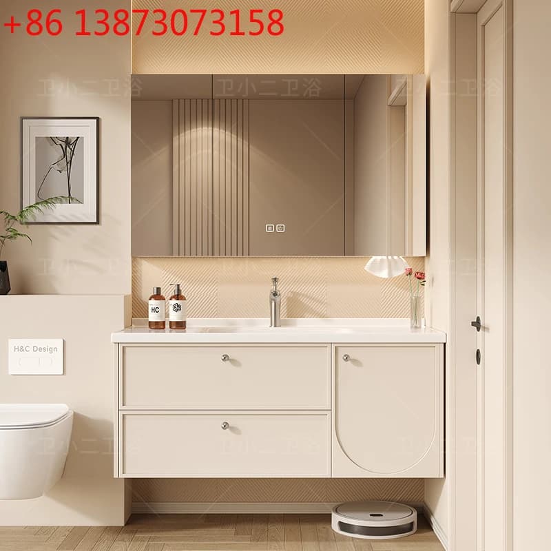 Mobiletto da Bagno con Specchio e Vano Portaoggetti, Salvaspazio, Personalizzabile, Stile Semplice, Colore Crema, Arredamento per Salone