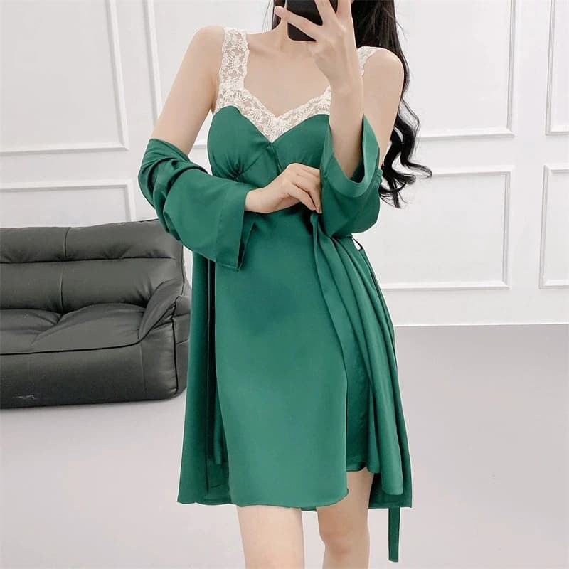 Sexy pizzo splicing cinturino spaghetti vestaglia set camicia da notte femminile breve kimono accappatoio vestito 2 pezzi indumenti da letto eleganti indumenti da notte