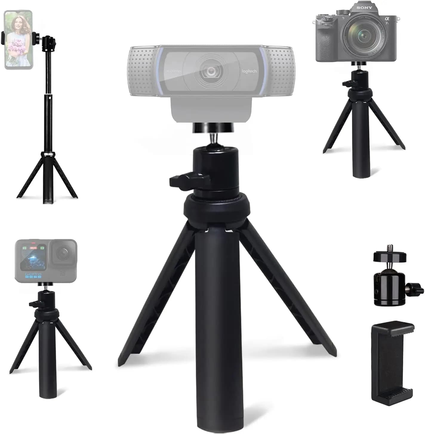 Mini treppiede per fotocamera/telefono/webcam, supporto regolabile da 3-13 pollici, vite da 1/4 di pollice, leggero, 0,24 libbre