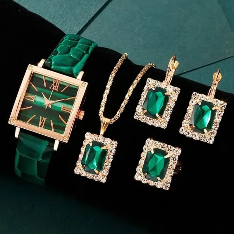 5PCS/Set New Vintage Women's Quartz Watch Roman Rectangle Small Dial Clock Elegant Ladies Wrist Watch Gifts