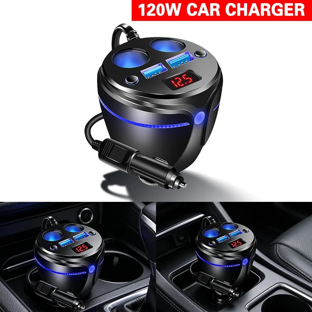 Caricabatterie per accendisigari da auto da 120 W, ricarica rapida con 2 prese e 2 porte USB per iPhone 14 13 Pro Max 12 11 Sumsung Xiaomi OnePlug