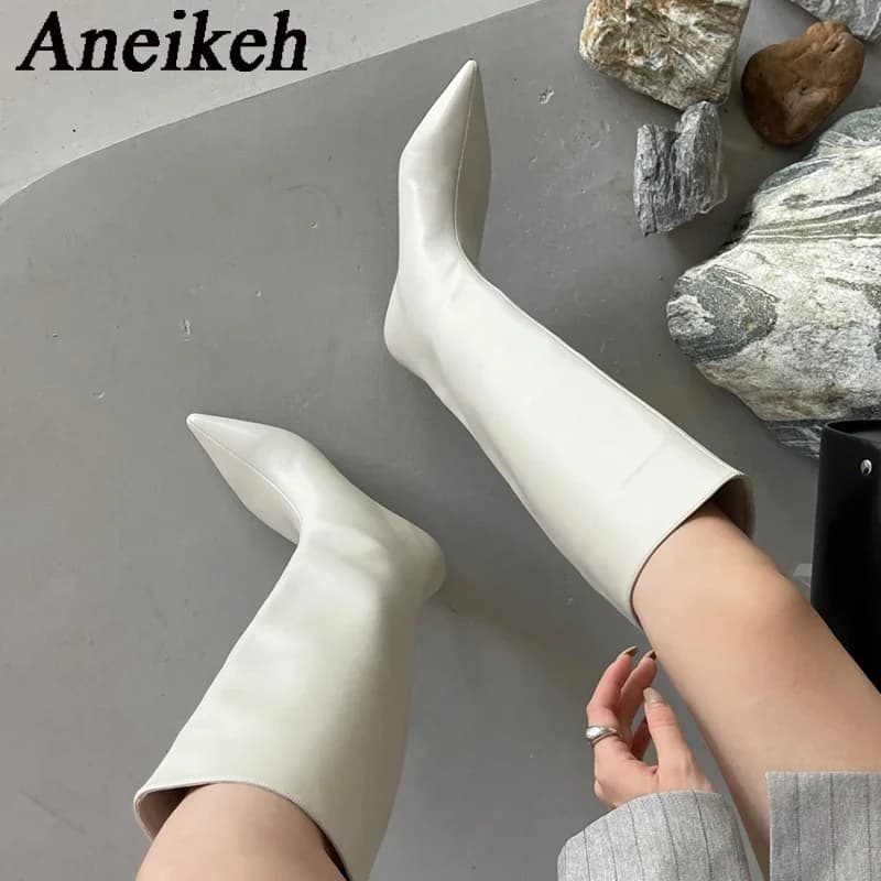 Aneikeh 2026 Fashion Sexy Toe Low Boots Long Toe Spring/Autumn of Women's Women's United Nations Food Processing Party Ball Western Boots 35-42