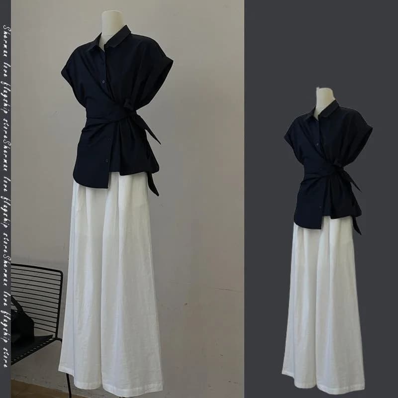 Women's Black Striped White Trousers Wide Leg Set Korean Office Lady Graceful Shirt Pants Dresses