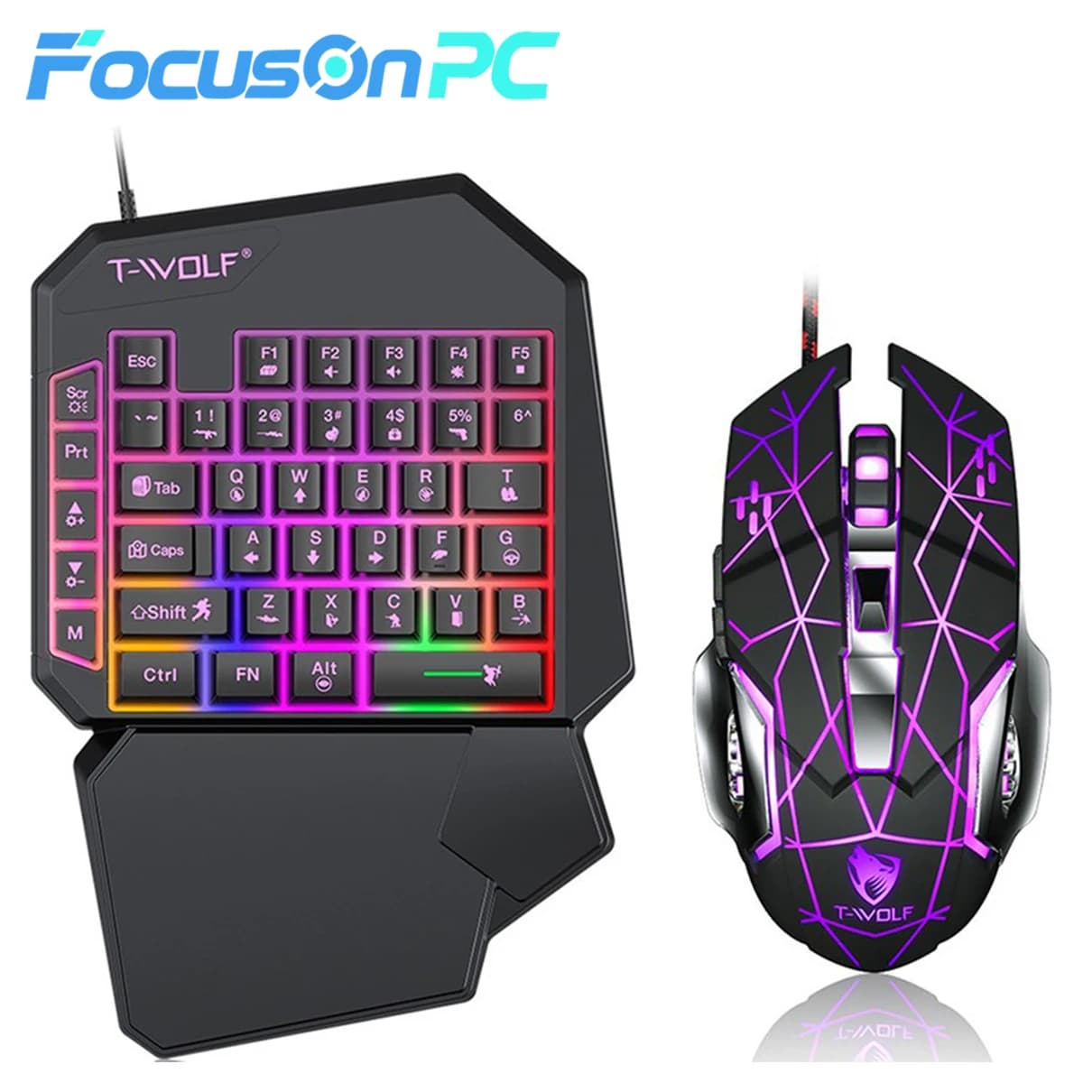 FocusOnPC TF900 2-in-1 Mobile Gaming Converter Combo, One Hand Keyboard & Mouse Kit for PUBG Mobile & Other Smartphone Mobile Games RGB Wired Gaming Keyboard Mouse Combo