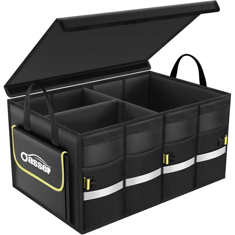 Car trunk organizer, 3 compartments, foldable, waterproof, with foldable cover, reflective strip, anti-slip bottle holder