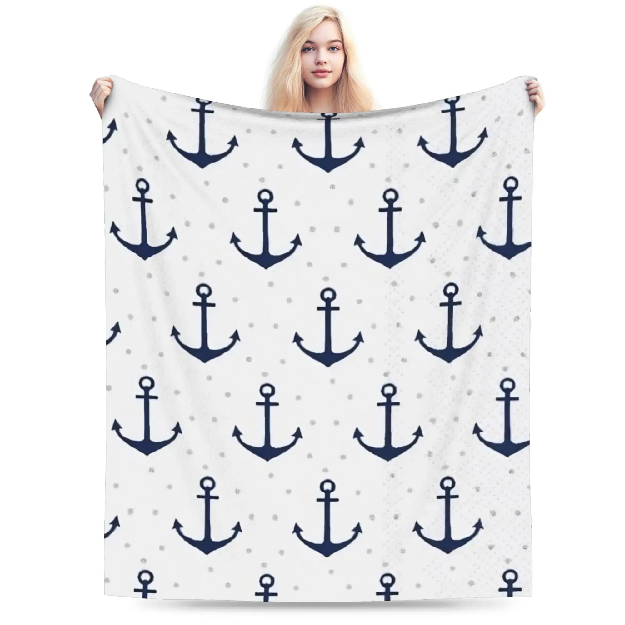Coperta in peluche con ancora nautica per bambini e bambine, in flanella, per divano, sedia, letto, morbida e calda.