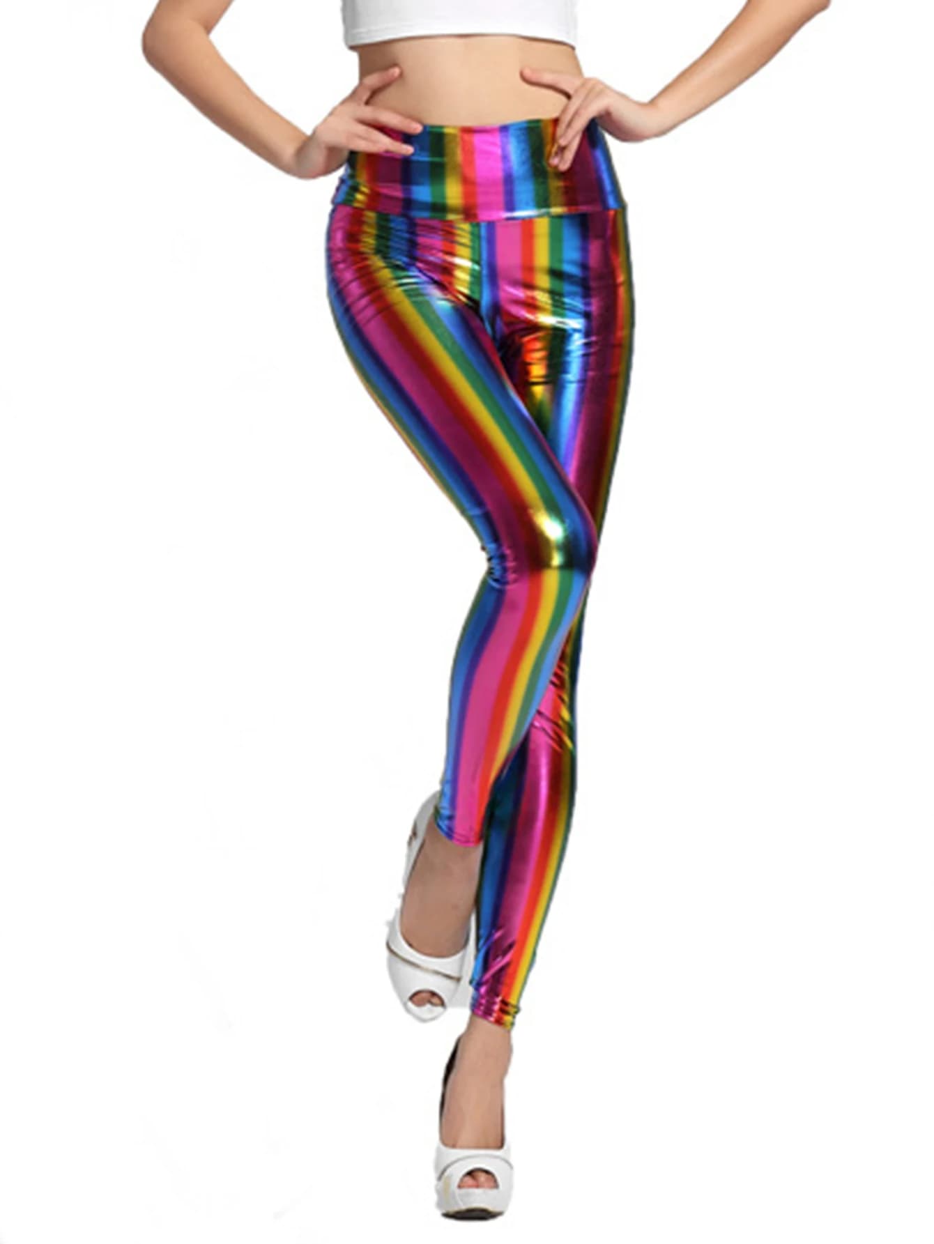 Europa e Stati Uniti Nuove signore sexy Arcobaleno Hot Gold Leggings in similpelle Collant a vita alta a righe da donna