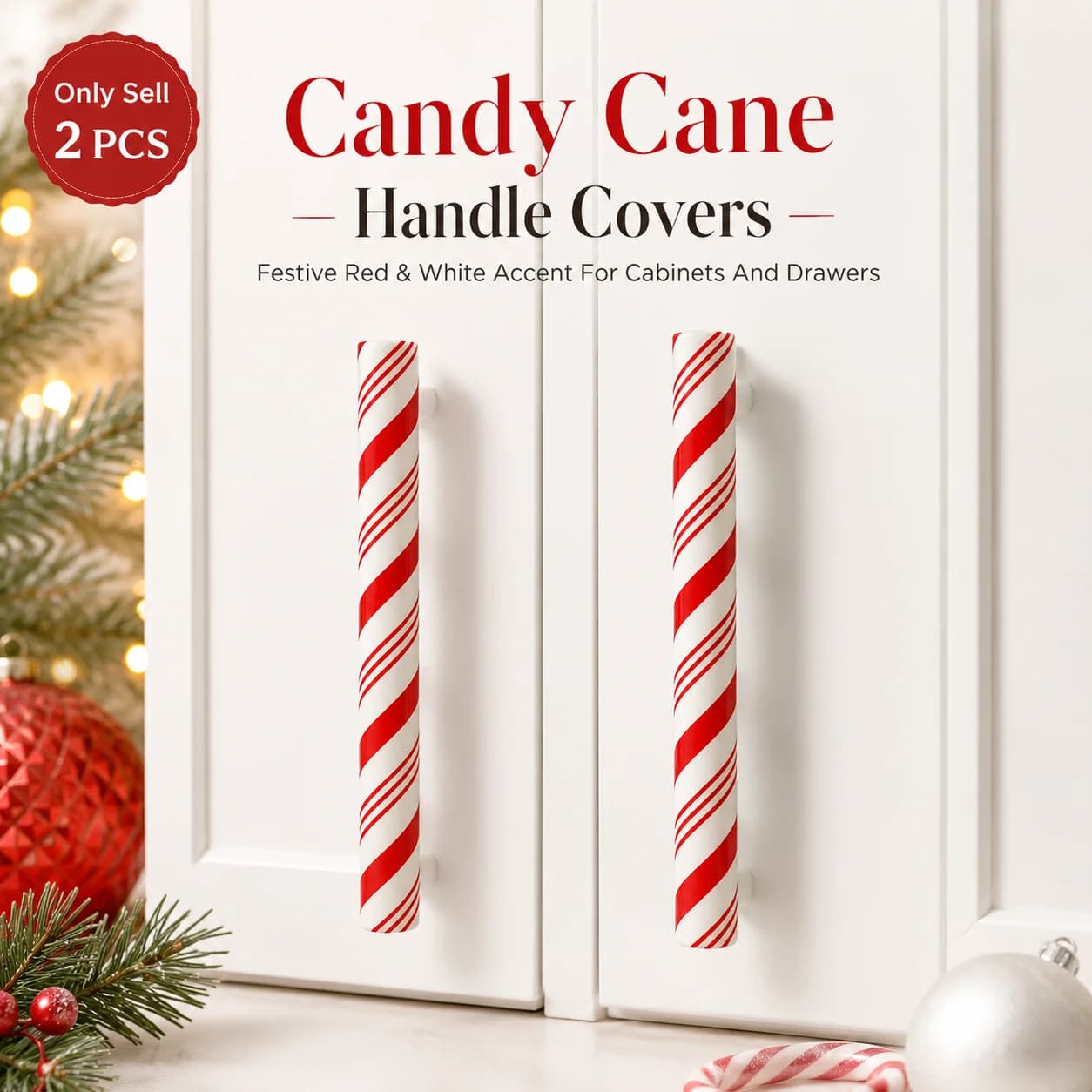 2Pcs Christmas Peppermint Candy Cane Cabinet Handle Covers Red White Striped Slip on Drawer Pull Decorat