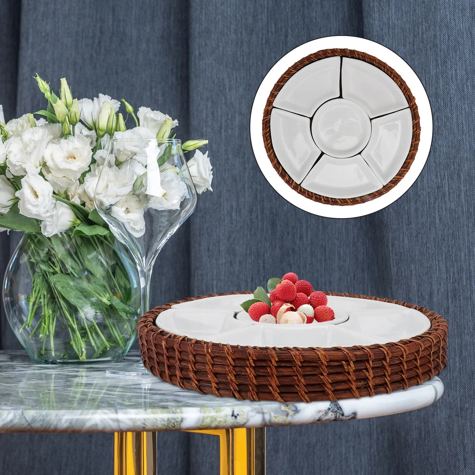Set di 1 Vassoio in Rattan Intrecciato con Piatto in Ceramica, Contenitore per Snack e Frutta, Stoviglie per Casa e Cucina, Contenitore per Alimenti Secchi