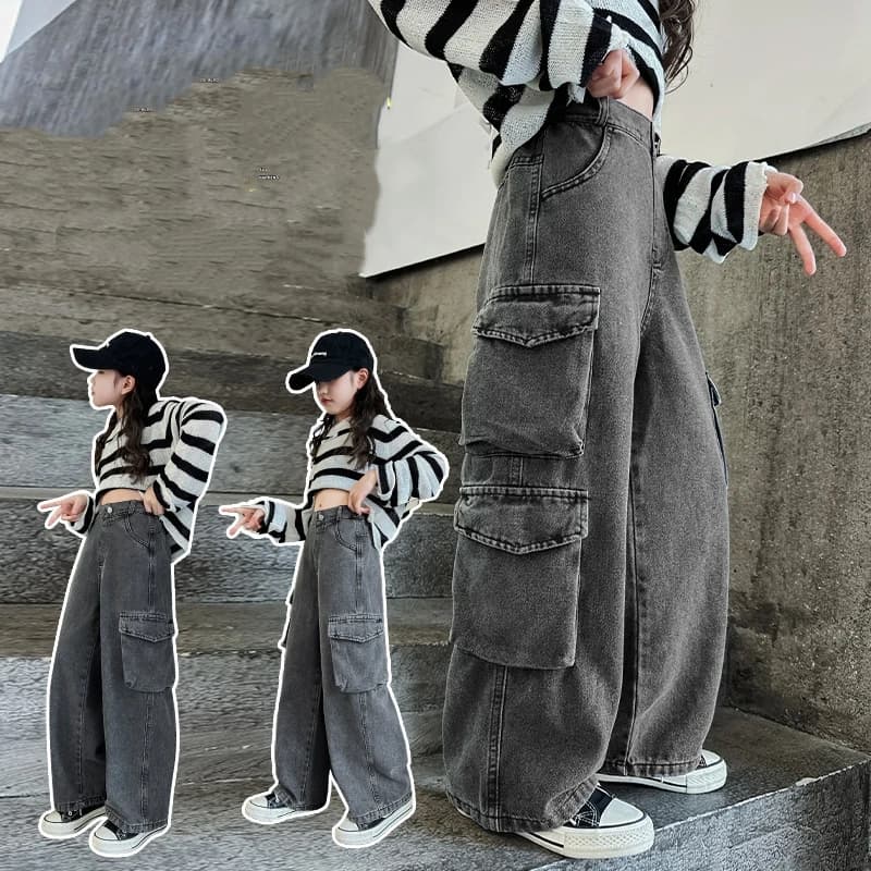 Pantaloni cargo in denim per ragazze autunno 2026 nuovi jeans streetwear alla moda per bambini adolescenti pantaloni moda primaverili stile americano