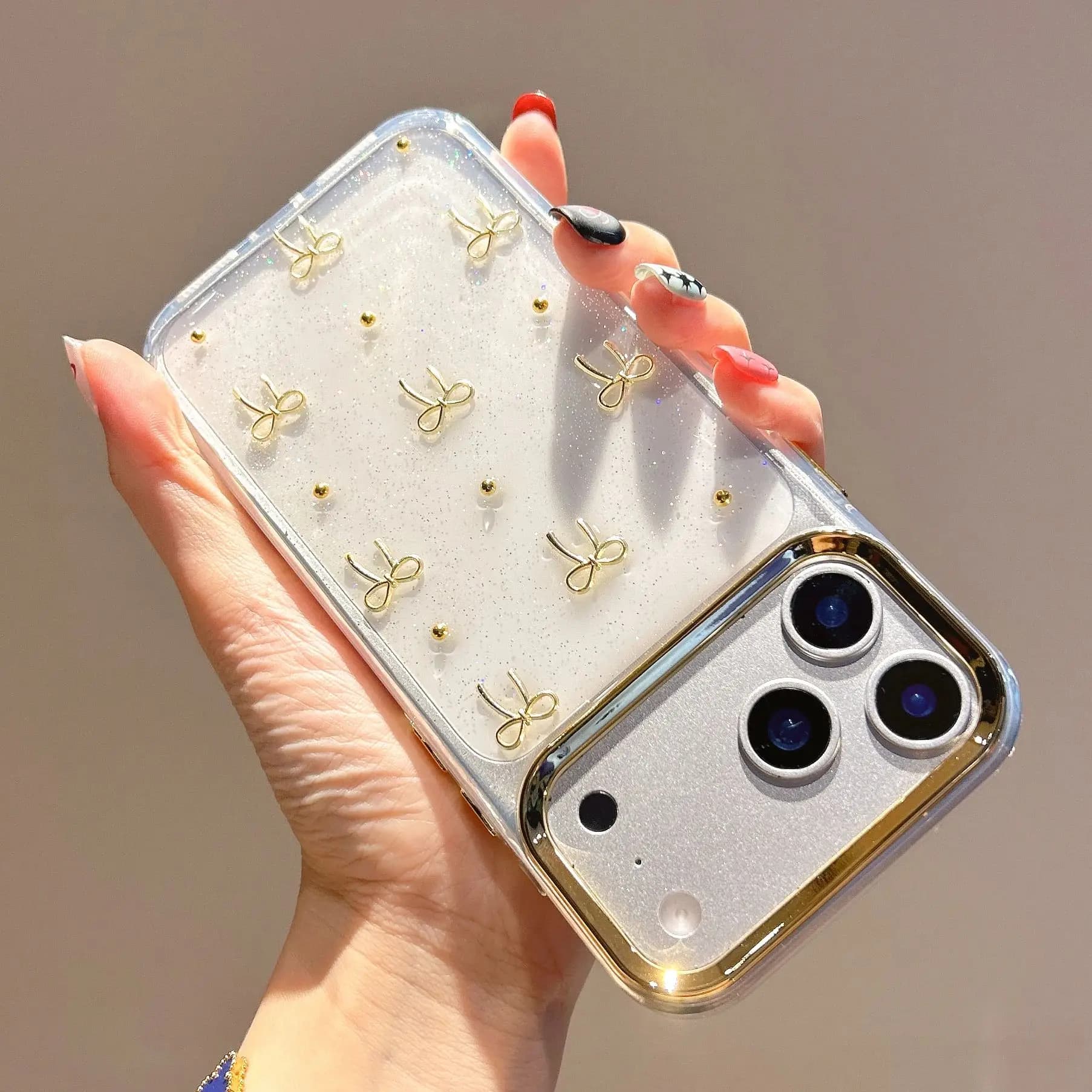 Trasparente 3D Golden Bowknot Glitter Custodia Paraurti Per iPhone 17 Air 16 15 14 13 12 11 Plus Pro Max Protezione Trasparente Copertura Lucida