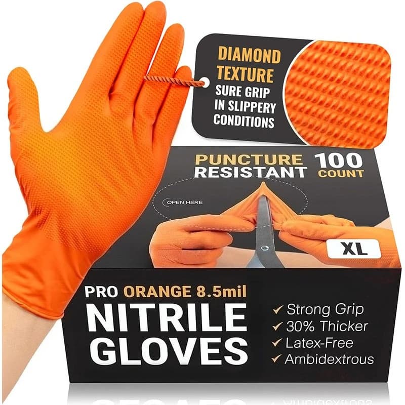 Guanti extra spessi monouso in nitrile arancione pesante da 8,5 mil - Guanti da lavoro con struttura diamantata, protezione resistente alla puntura senza polvere