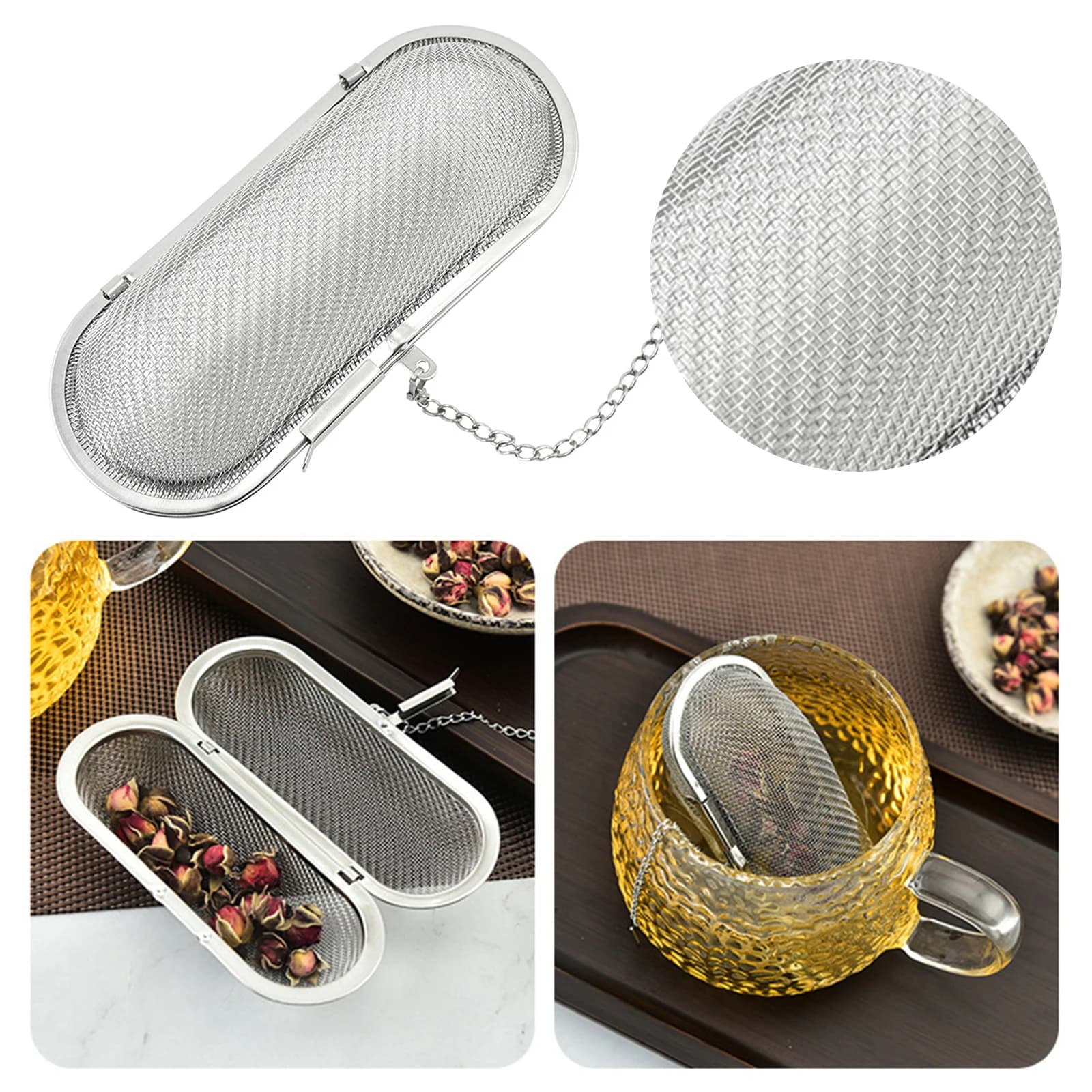 Stainless Steel Fine Mesh Tea Infuser Oval Reusable Tea Diffuser with Chain 4.33x1.77 Inch for Kitchen Spices and Seasonings
