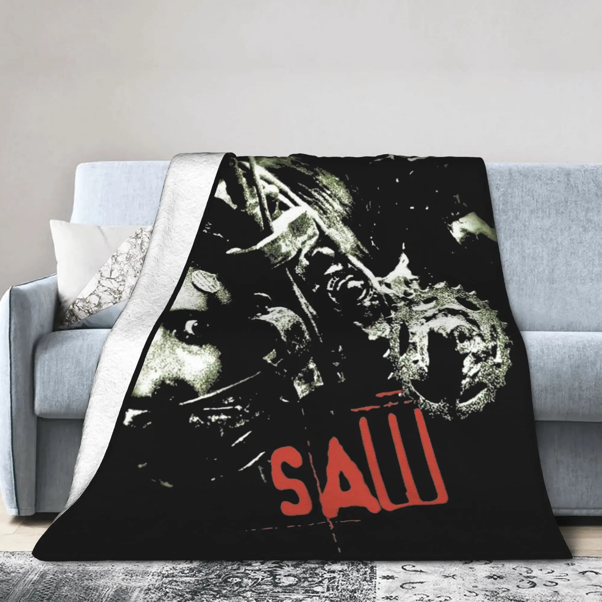 Saw Horror Movie Coperta Coperta Divertente Halloween Jigsaw Flanella Coperte Divano per la casa Stampato Copriletti morbidi e caldi Traspiranti