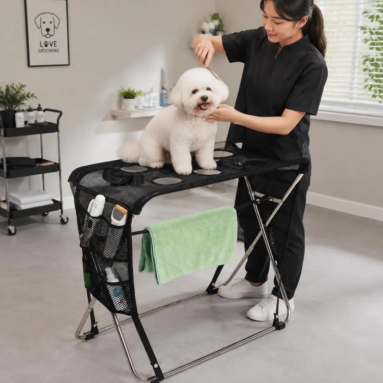 Folding Pet Grooming Hammock Anti-Scratch Multi Hole Dog Grooming Table Detachable Quick Dry Mesh Cat Washing Hammock