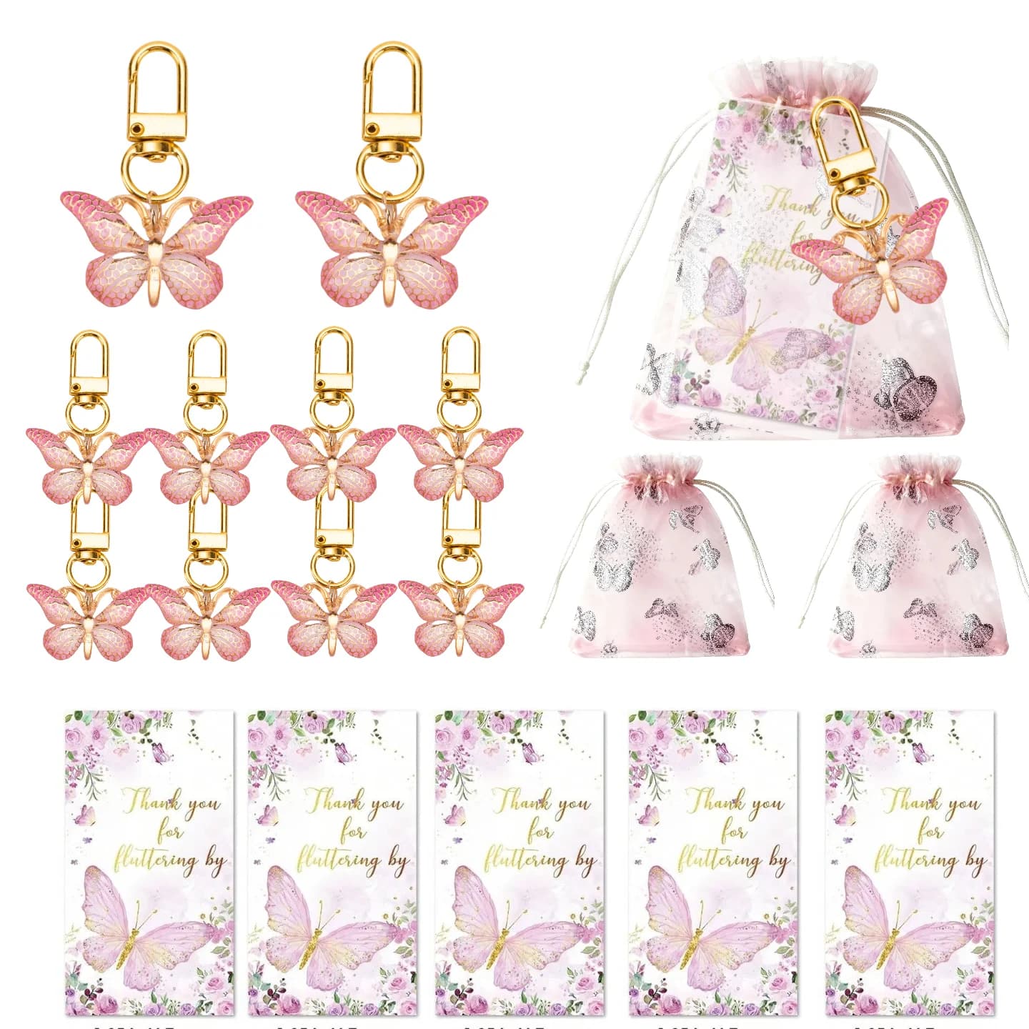 36 pezzi, set regalo portachiavi farfalla, 12 portachiavi acrilici rosa, 12 carte marroni e 12 sacchetti con coulisse in organza, genere