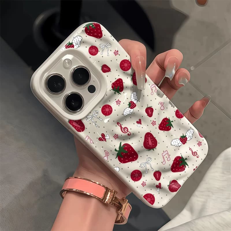 Custodia Morbida 3D con Motivo Fragola e Catena per iPhone 17 16 15 14 13 12 11 Pro Max Plus 17 Air