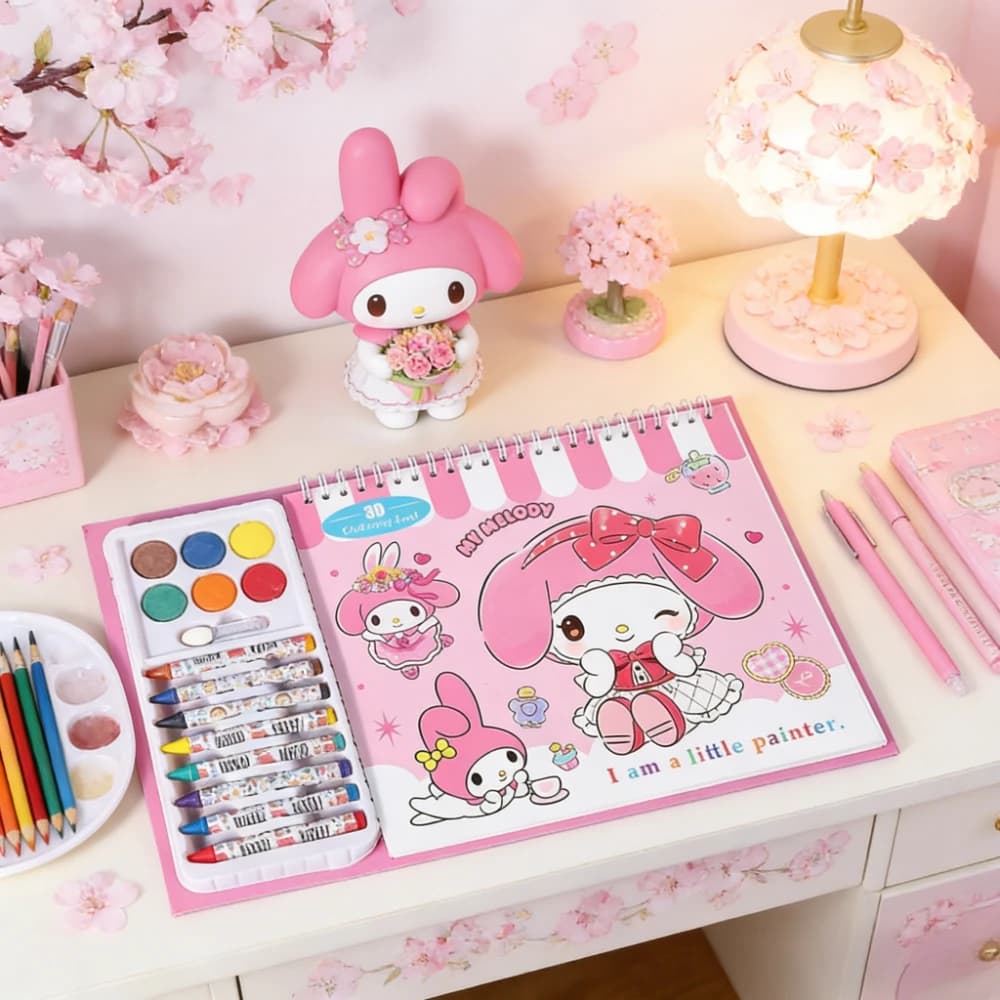 Libro da colorare e disegnare per bambini Sanrio, per l'apprendimento precoce all'asilo, con personaggi magici Kuromi e Melody, regalo per il ritorno a scuola
