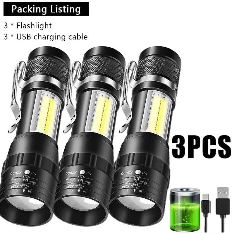 Mini COB+XPE portable torch, small zoomable torch, USB rechargeable, for outdoor camping, fishing, long-range emergency lantern