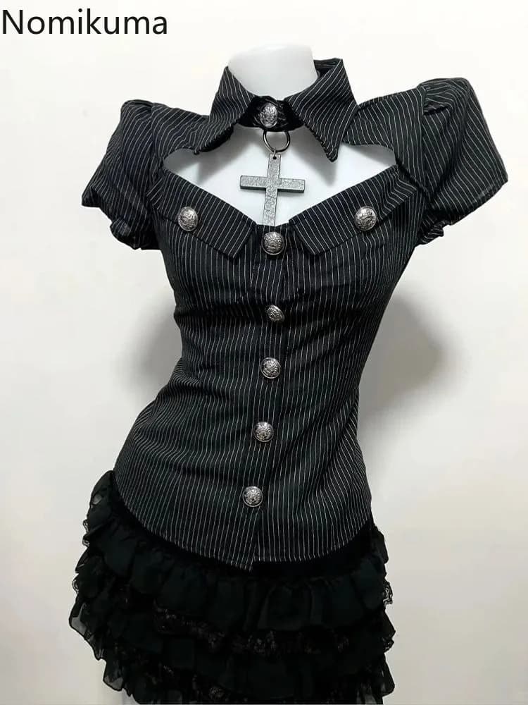 Goth Two Piece Sets Women's Clothing Hollow Out Slim Waist Striped Blouses A-line Mini Skirt Outfits Fashion Summer Y2k Suit
