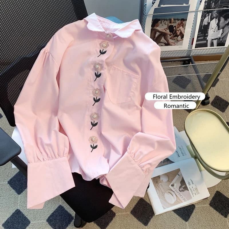 2025 Primavera Estate Vintage Blusas Colletto rovesciato Camicette con maniche a sbuffo con ricamo floreale Camicie solide monopetto larghe