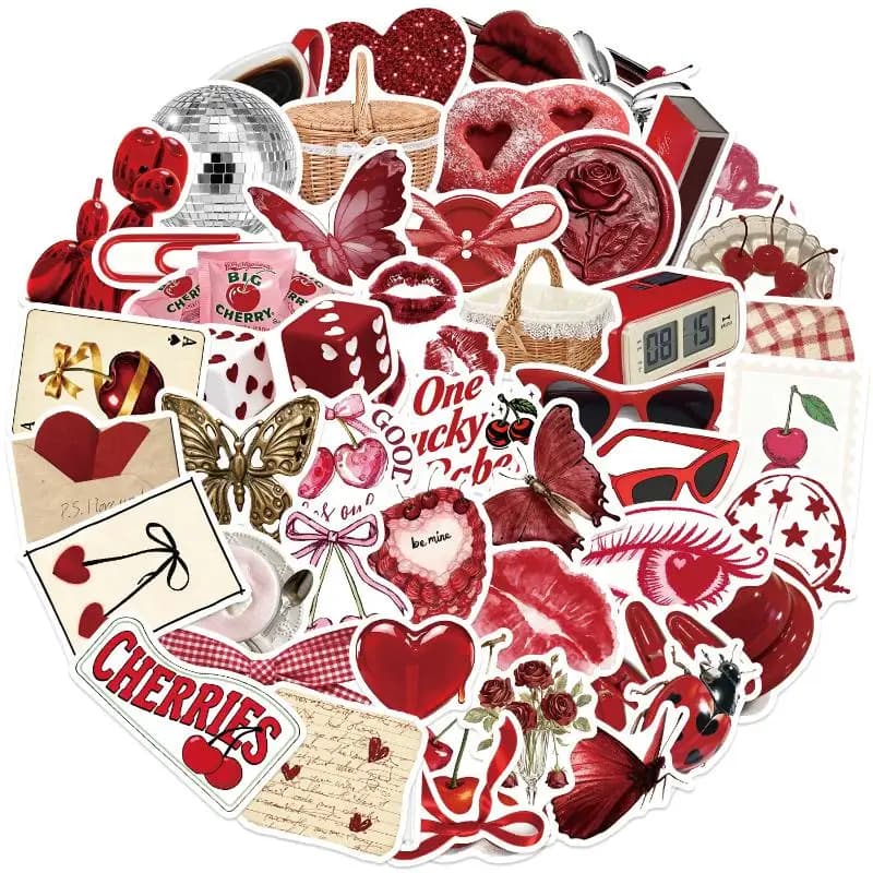 50 adesivi rossi a forma di ciliegia per notebook, tazze, valigie, chitarre, scrapbook, impermeabili in PVC, decorazioni classiche.