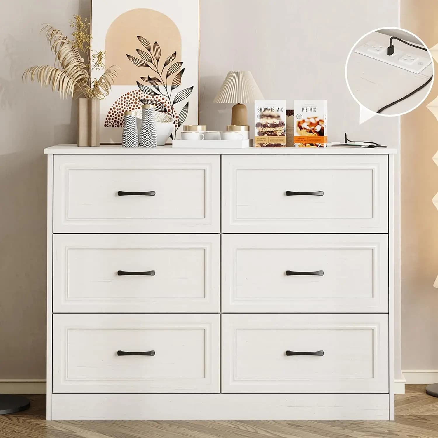 6 Drawer Wide Bedroom Dresser with Charging Station & Metal Handles, Woodgrain White, Customized