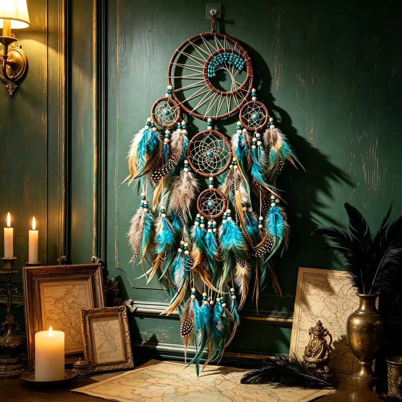 Creative Tree Of Life Turquoise Handmade Dream Catcher Feather Pendant Wind Chimes Living Room Bedroom Wall Hanging Decor Gift