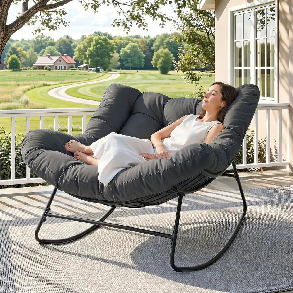 Sedia a dondolo Papasan, sedia da patio comoda e di grandi dimensioni con cuscino ispessito, portata 450 libbre, poltrona a dondolo a forma di uovo per interni, sedia a dondolo.