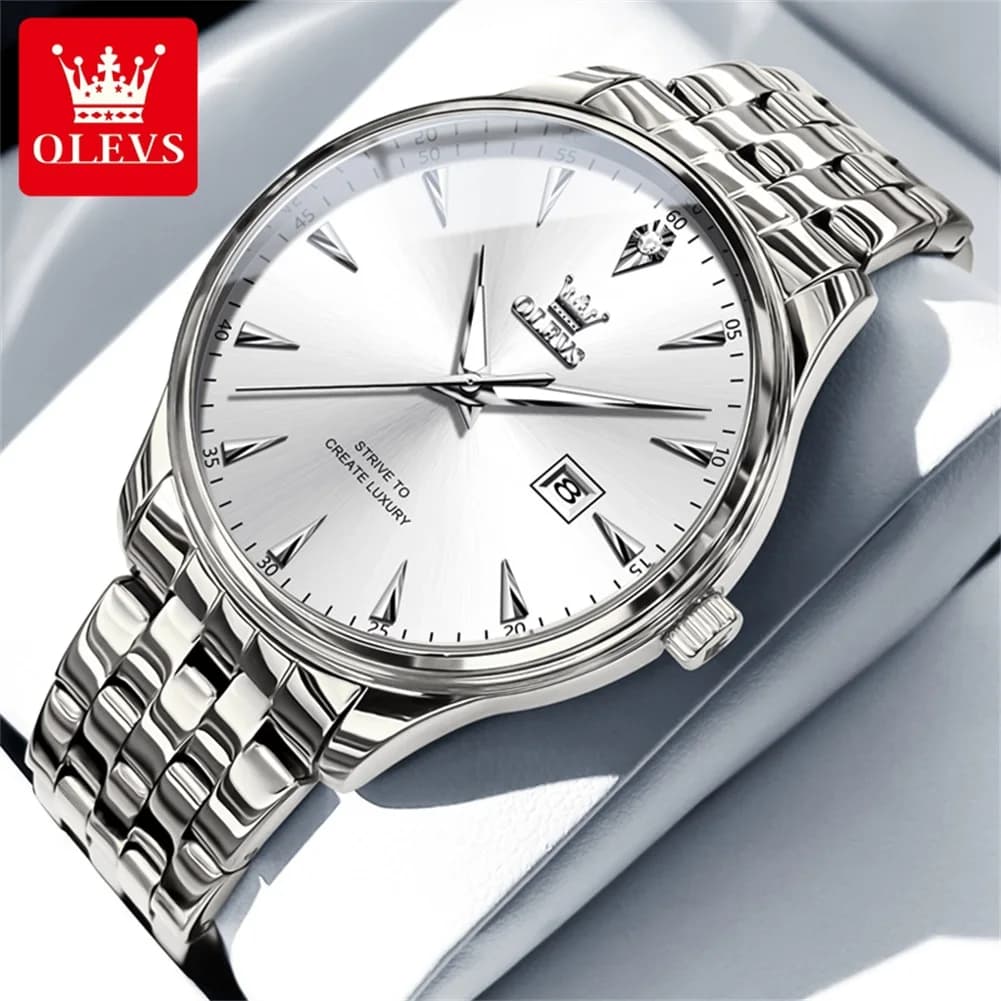 OLEVS 5598 Orologio da Polso Classico al Quarzo per Uomo, Impermeabile, in Acciaio Inossidabile, con Display Data, Elegante Orologio da Uomo di Lusso