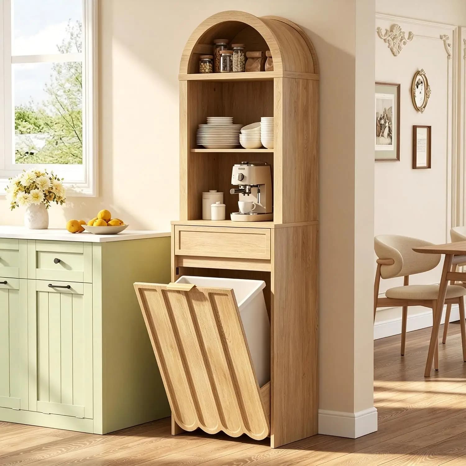 Arched Tilt Out Trash Can Cabinet with Drawers, 10 Gallon, Natural, Customized