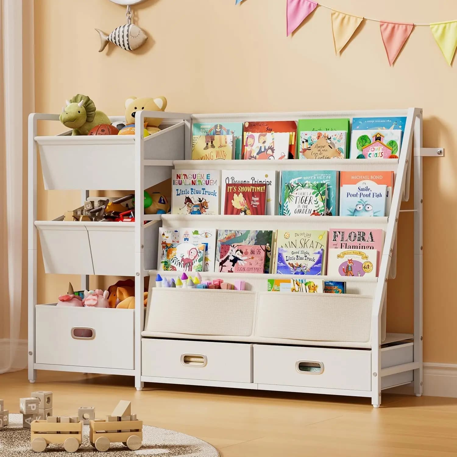 Libreria e Contenitore per Giocattoli per Bambini con 6 Contenitori, Scaffale per Libri per Bambini, Libreria per Cameretta, Organizzatore di Giocattoli