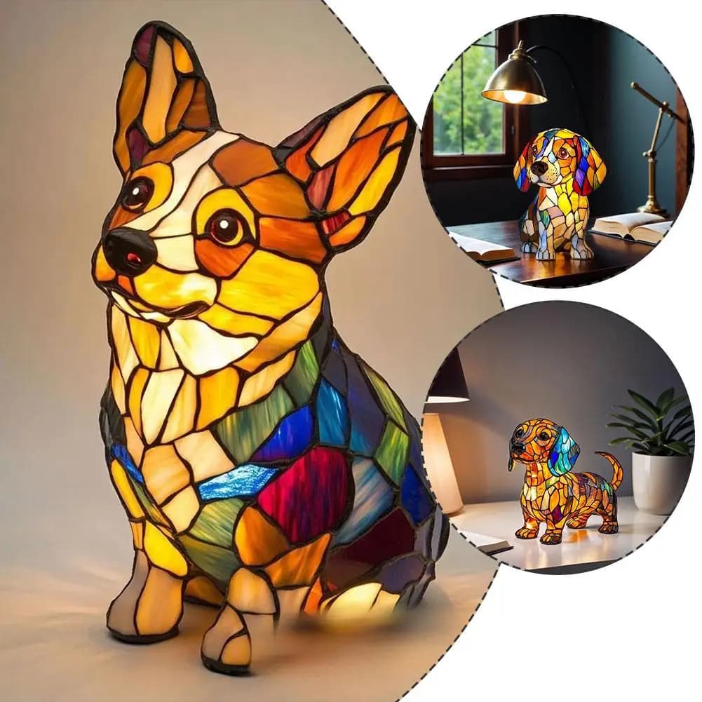Lampada da Tavolo a Forma di Cane in Stile Vetro Colorato, Luce Notturna LED a Forma di Animale, Lampada Decorativa in Resina per Camera da Letto e Soggiorno