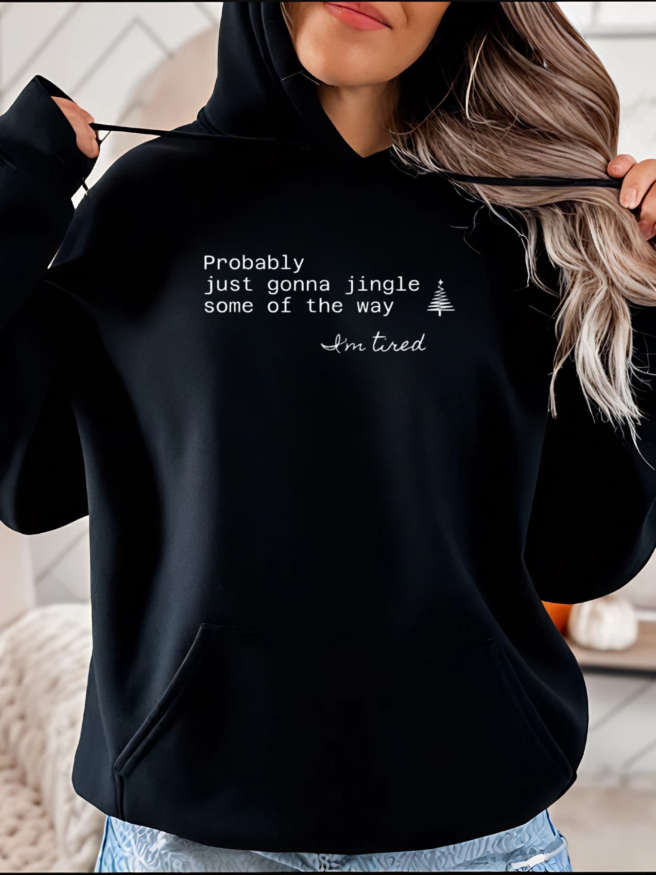 Felpa con cappuccio con stampa con citazione natalizia, stile casual con simbolo dell'albero, abbigliamento invernale da donna
