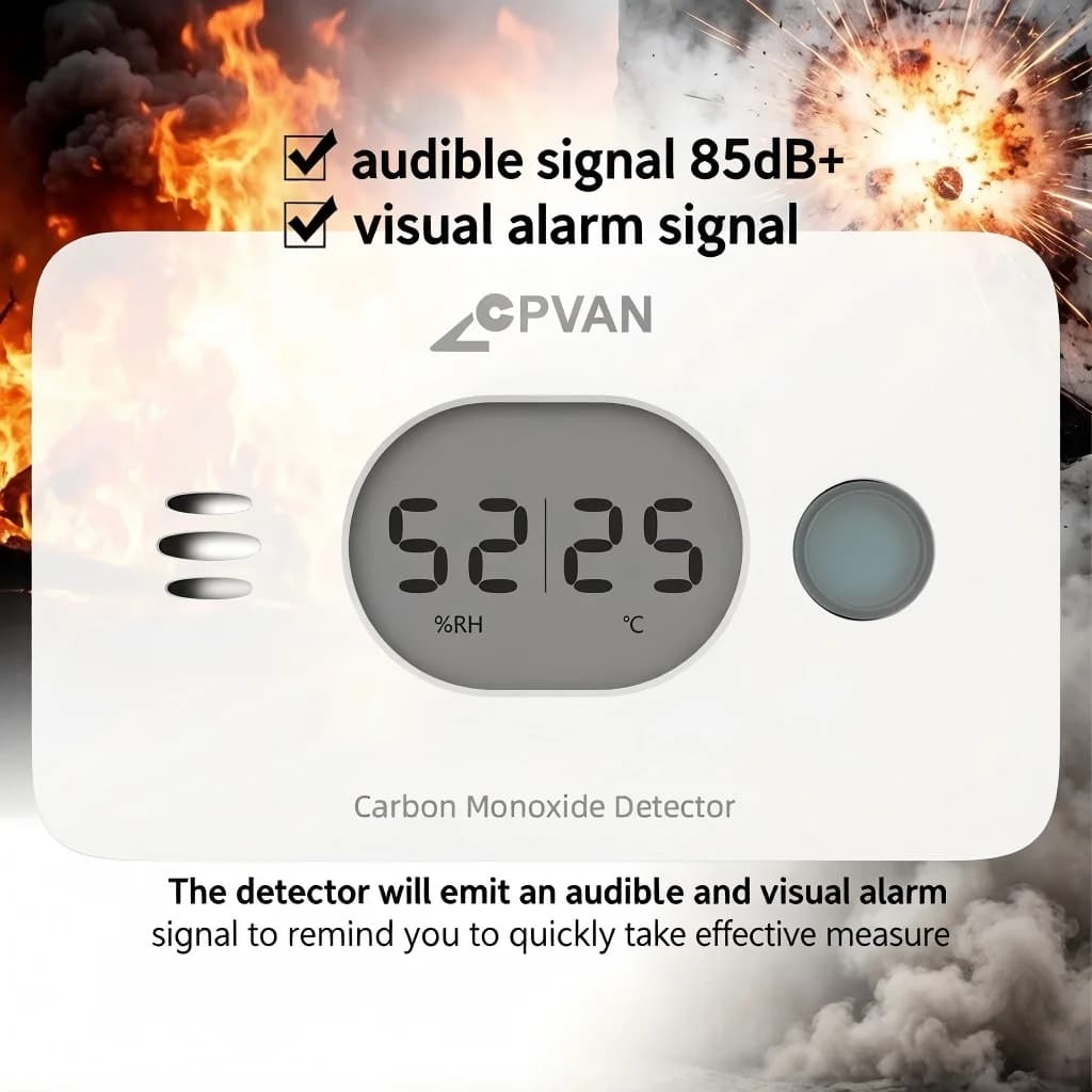 Allarme CO CPVAN conforme a EN50291 3 in 1 con sensore di temperatura e umidità per la sicurezza di caravan, cucine e camper, rilevatore di monossido di carbonio.