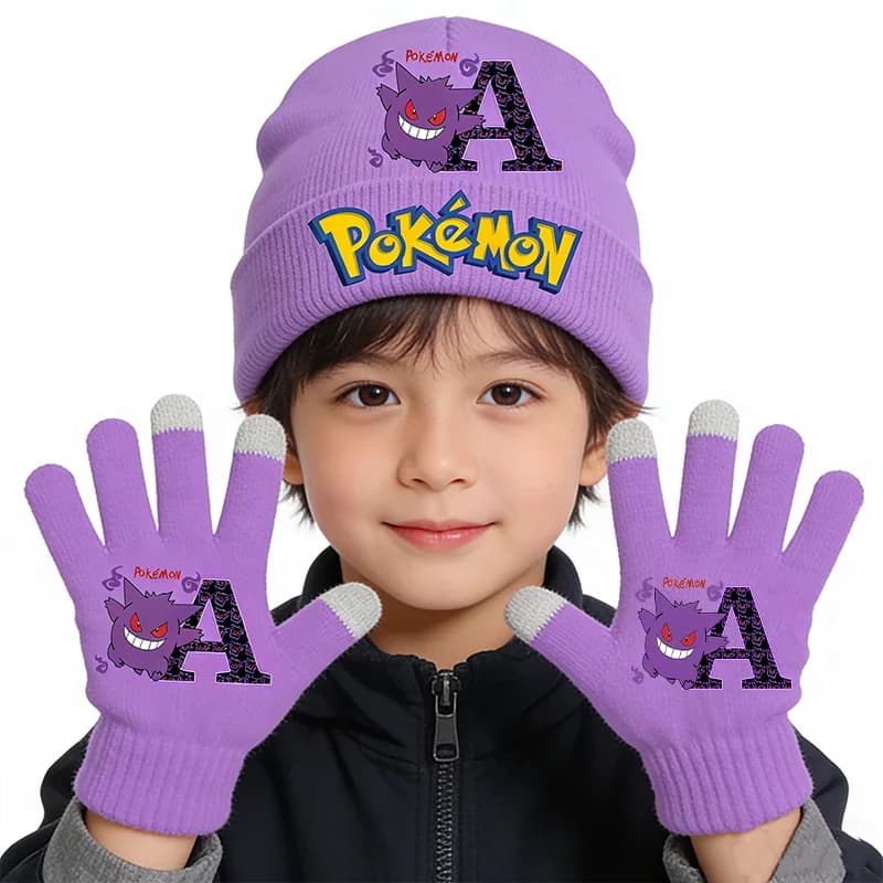 Gengar Winter Knitted Hat Gloves for Boys Girls Children Pokemons Letter Fashion Anime Warm Cap Screen Gloved Kids Birthday Gift