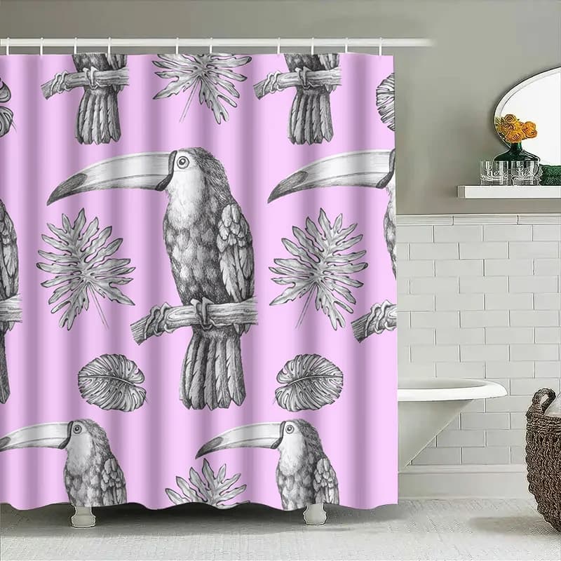 Tenda da doccia con stampa di uccelli tropicali per la decorazione del bagno Design di piume di fiori floreali rosa