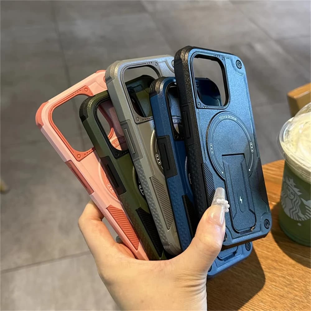 Luxury Armour Magnetic Phone Case For iPhone 17 16 12 13 14 15 Pro Max Invisible Folding Stand Collision Color Shockproof Cover