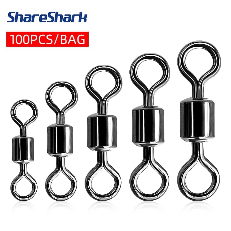ShareShark 100 pieces fishing connector accessories for fishing stainless steel carp hook snap bait solid ring swivel equipment