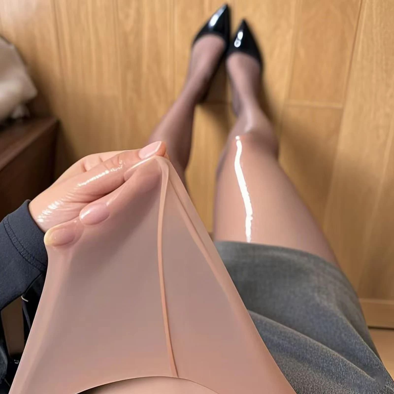Collant da donna ultra sottili lucidi effetto olio a vita alta, con cavallo aperto, per abiti da festa