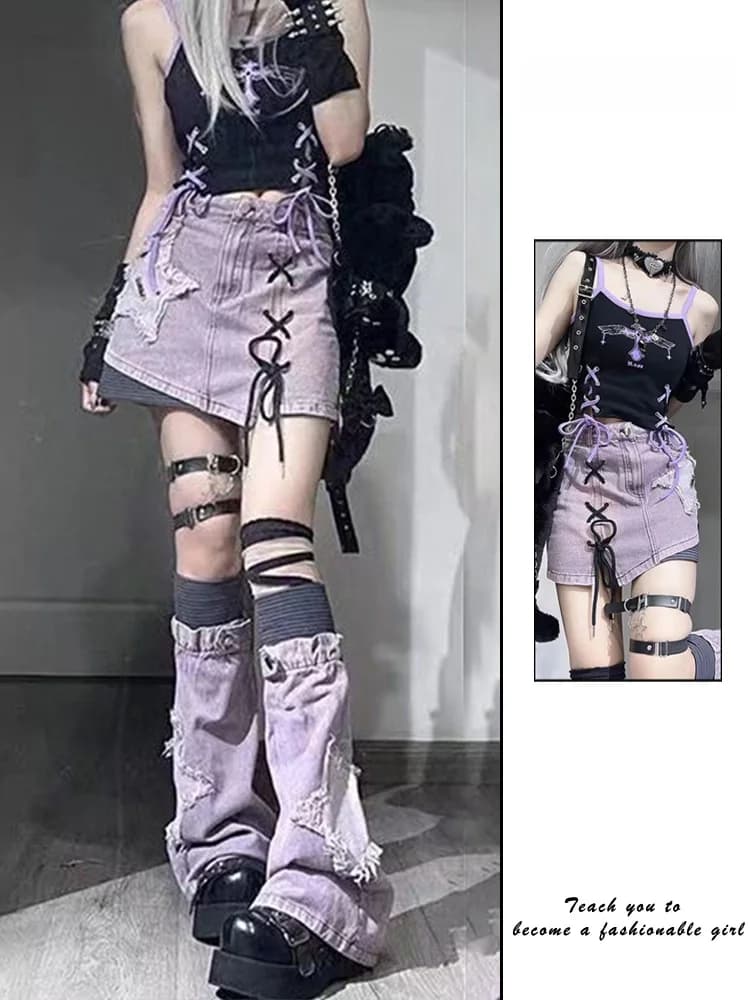 Y2K Millennium Girl Purple Star Denim Skirt Women's Summer Subculture Design Sense Belted Legging ort Skirt
