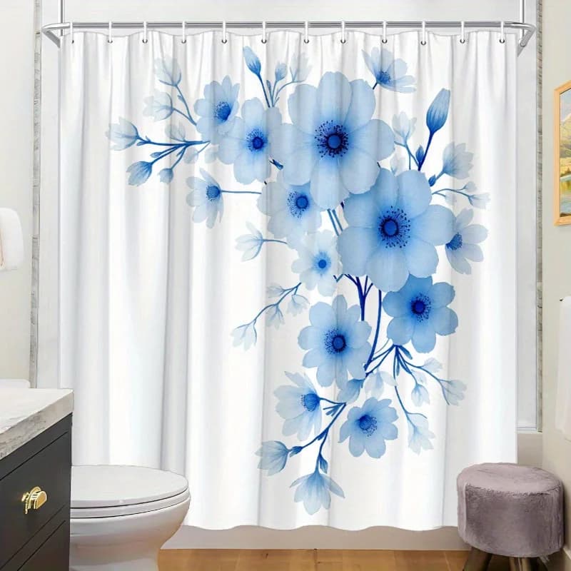 Tenda da doccia a cascata floreale da 1 pezzo - Design botanico blu e bianco, 70x70", poliestere, 12 ganci, elegante arredamento per il bagno