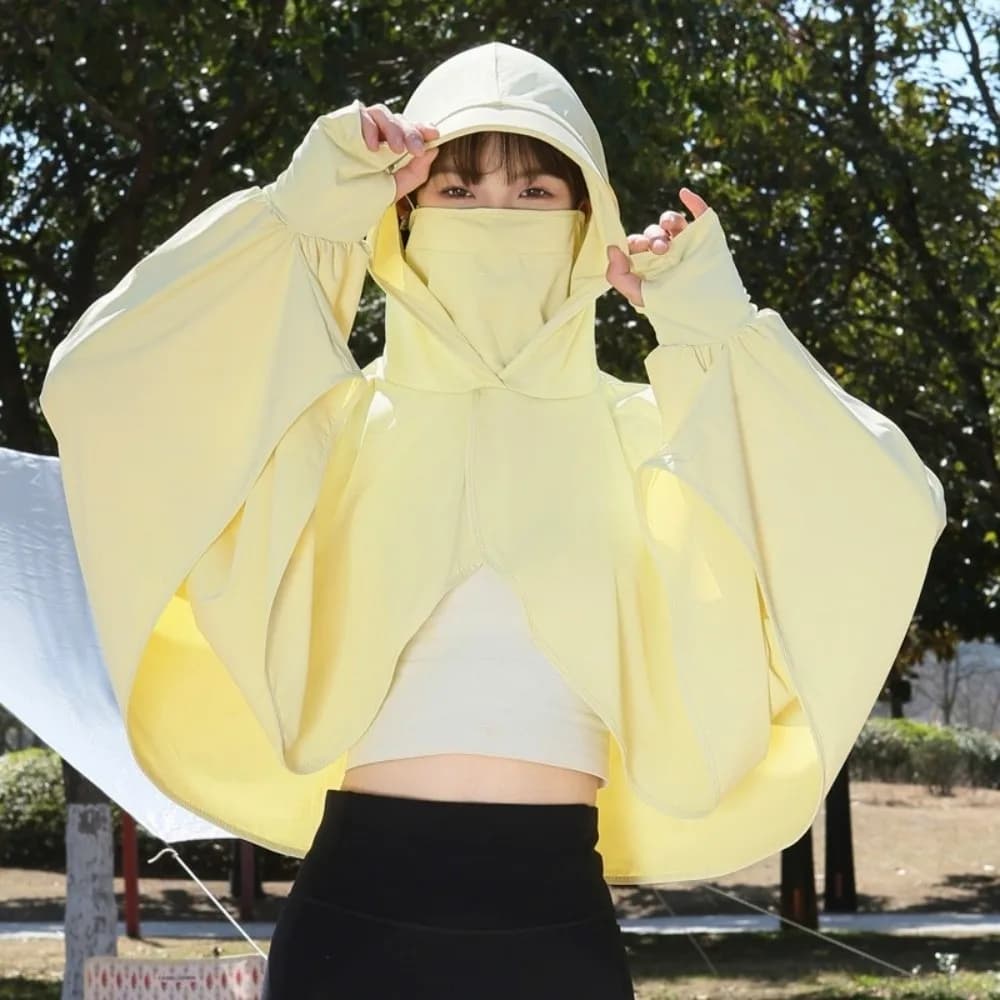 Solid Color 3 in 1 Sunscreen Hoodie Thin UV Protection Facemask Hat Sunscreen Shawl Long Sleeve Quick Dry