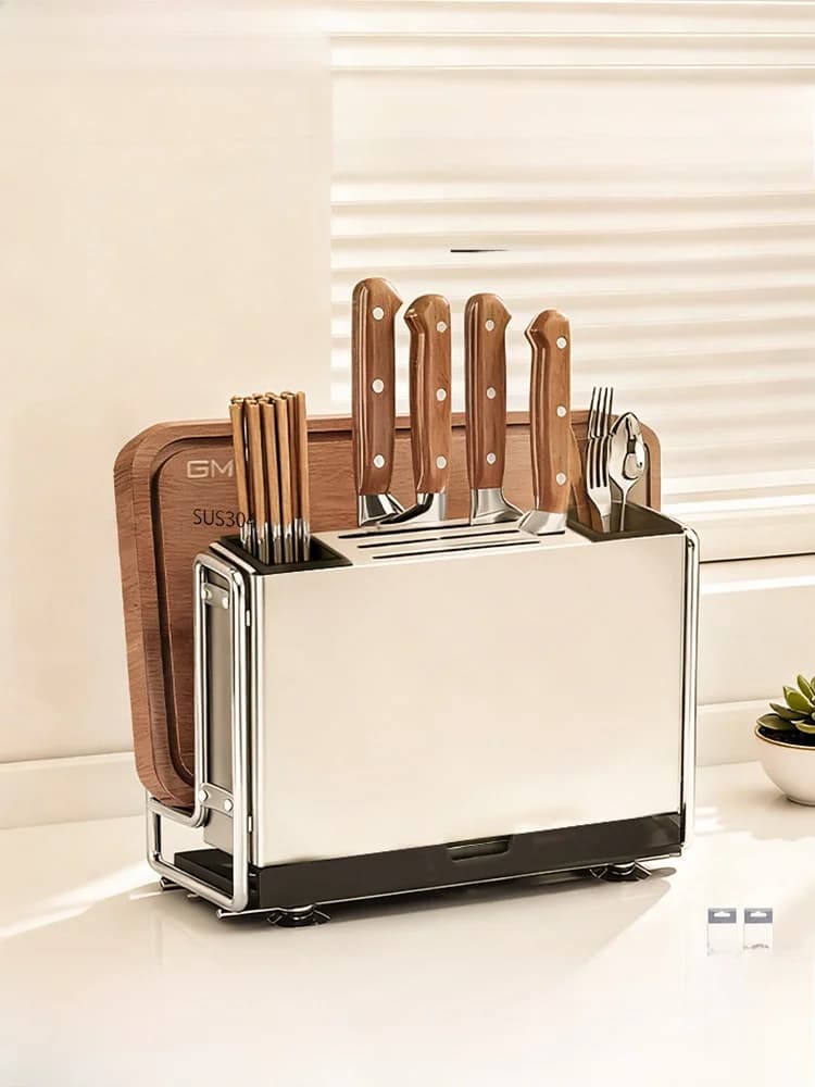 Stainless Steel Kitchen Knife Holder for Modern Casalinga, with Tool Door Integrated in Iron and Container for Bacchette