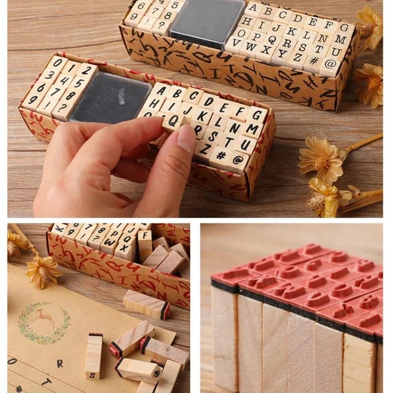 1/2Pcs Alphabet Letter Number Symbol Vintage Wooden Rubber Stamp Set with Black Ink Pad DIY Journal Scrapbooking Craft Supplies