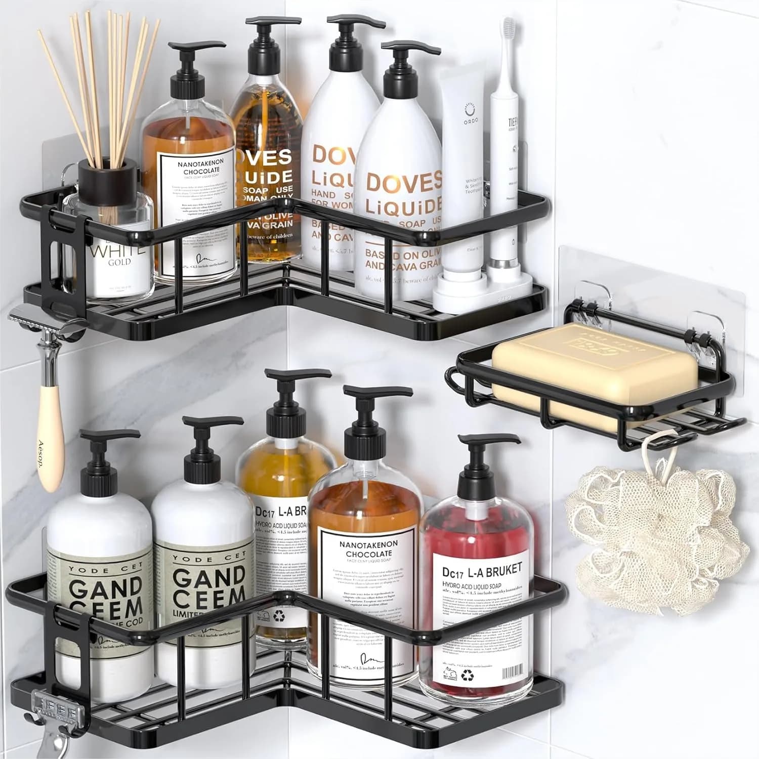 Set di 3 Mensole Angolari Adesive per Doccia, Ripiani in Acciaio Inox Antiruggine con Portasapone, Organizzatore per Bagno Senza Foratura per Dormitorio